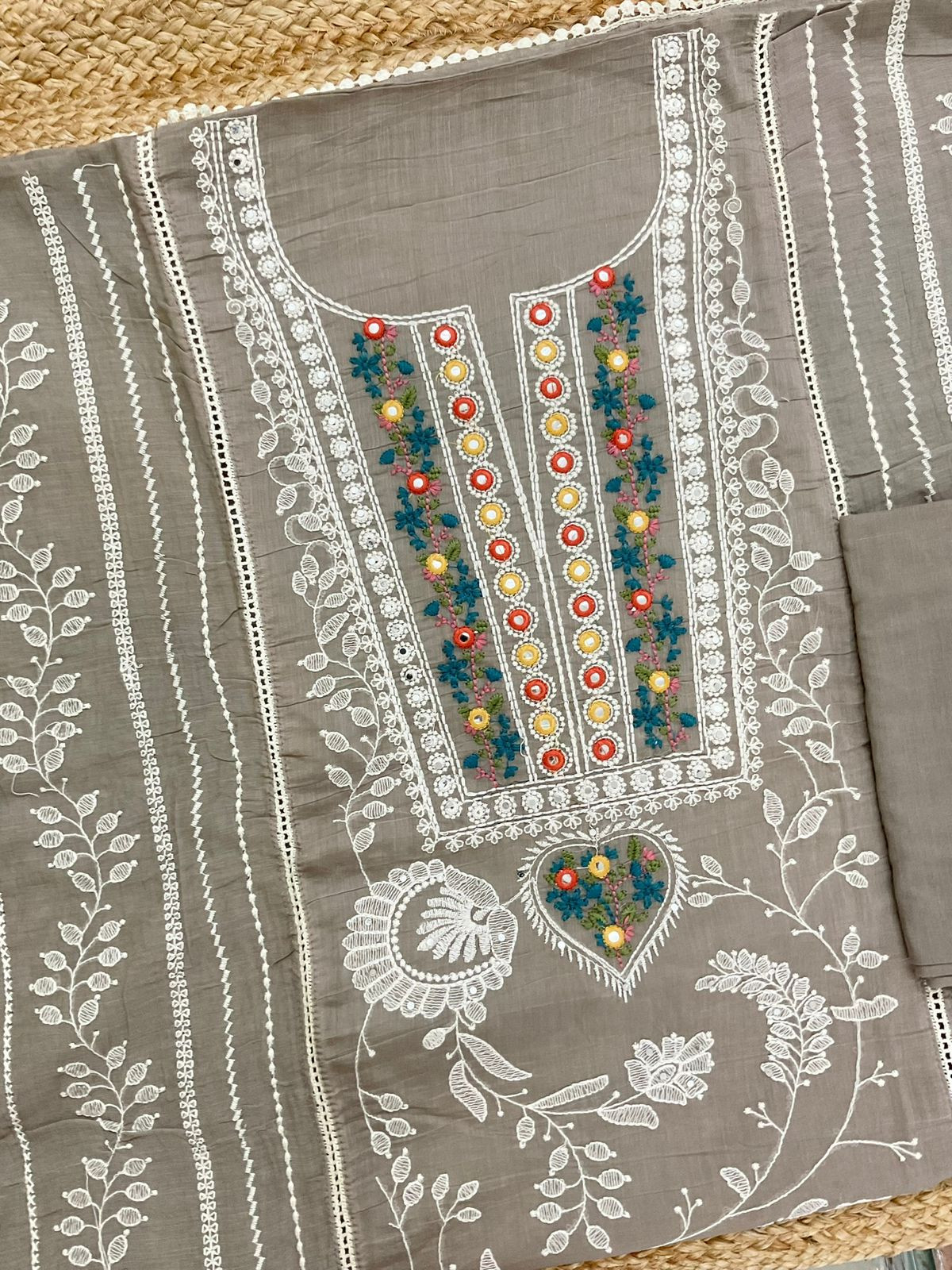 Pure Chanderi Embroidered Suit - Beige