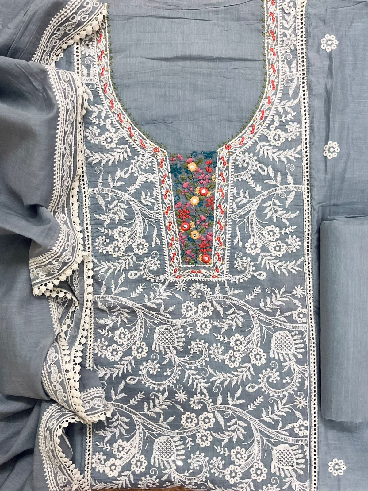 Pure Chanderi Embroidered Suit - Grey