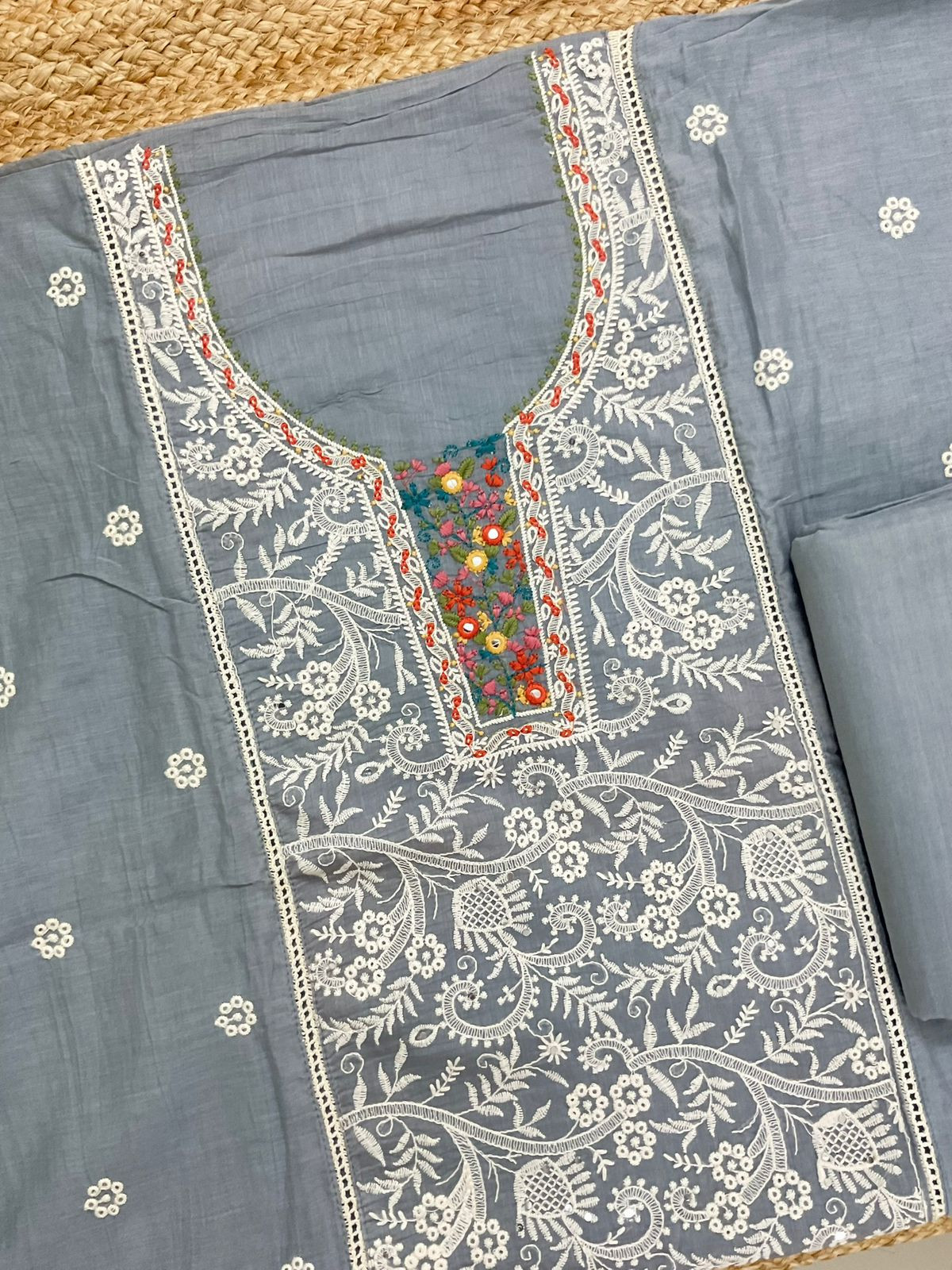 Pure Chanderi Embroidered Suit - Grey