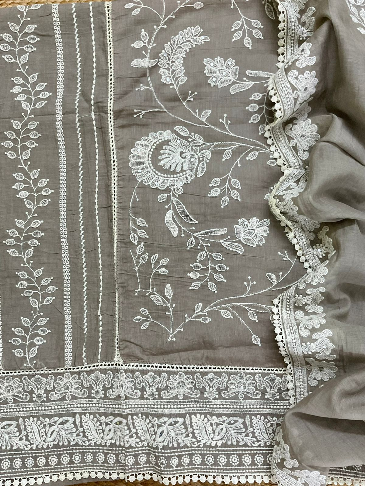 Pure Chanderi Embroidered Suit - Beige