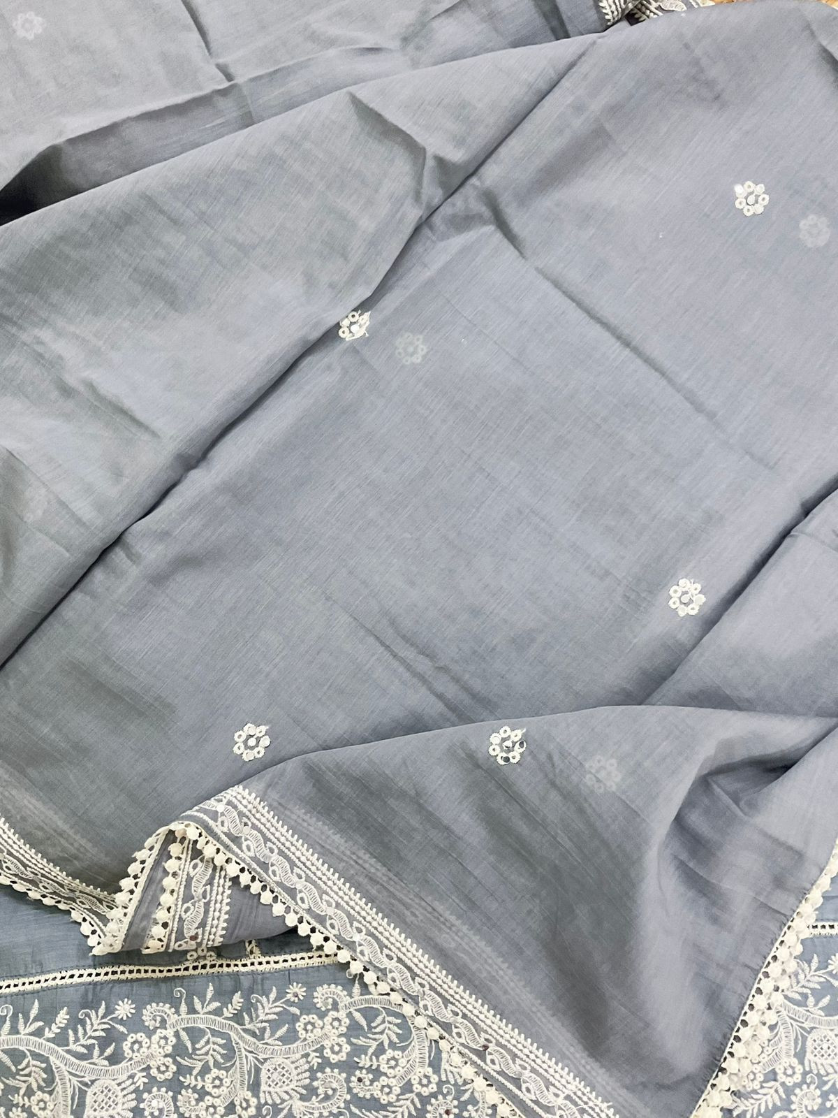 Pure Chanderi Embroidered Suit - Grey