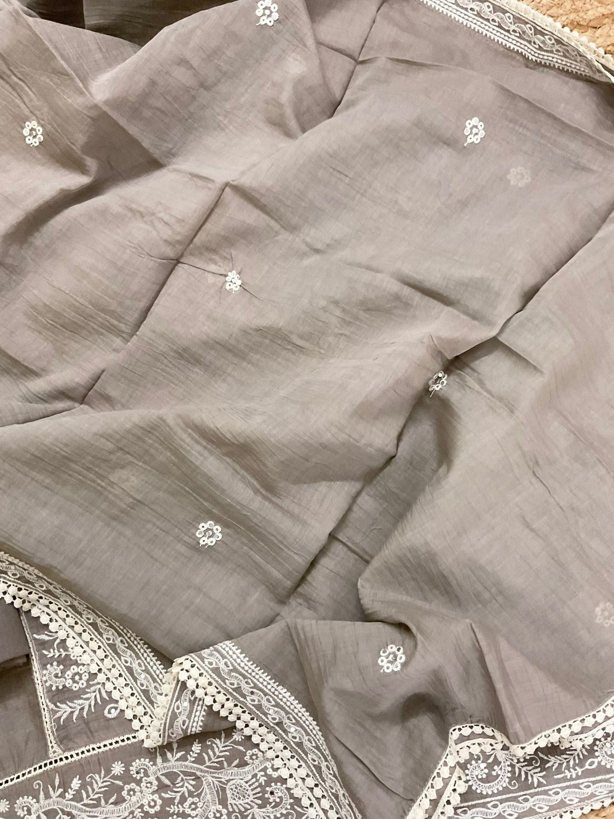 Pure Chanderi Embroidered Suit - Beige