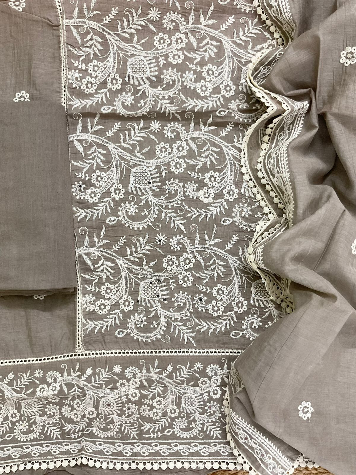 Pure Chanderi Embroidered Suit - Beige