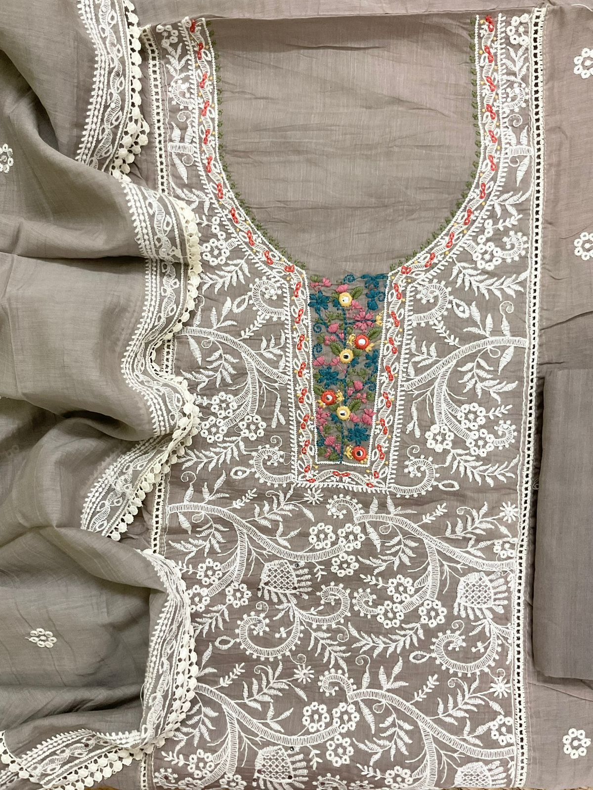Pure Chanderi Embroidered Suit - Beige