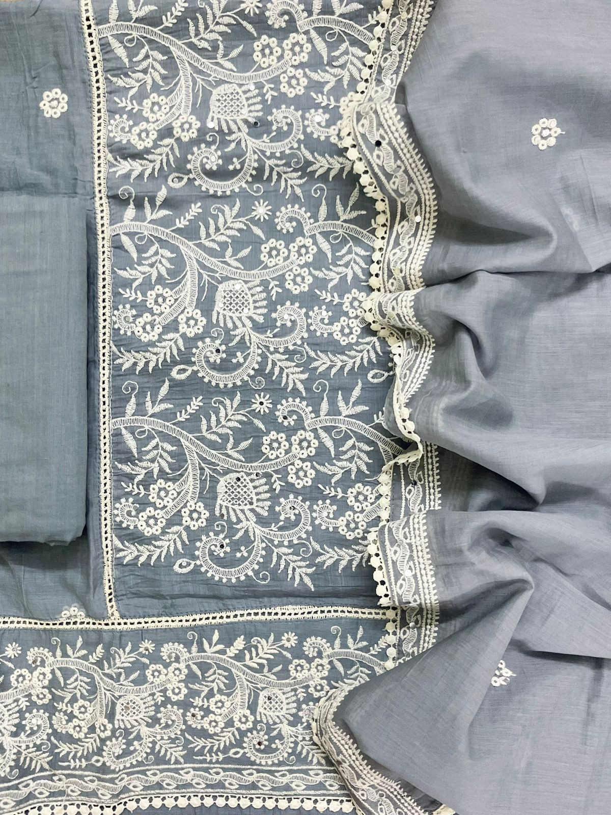 Pure Chanderi Embroidered Suit - Grey
