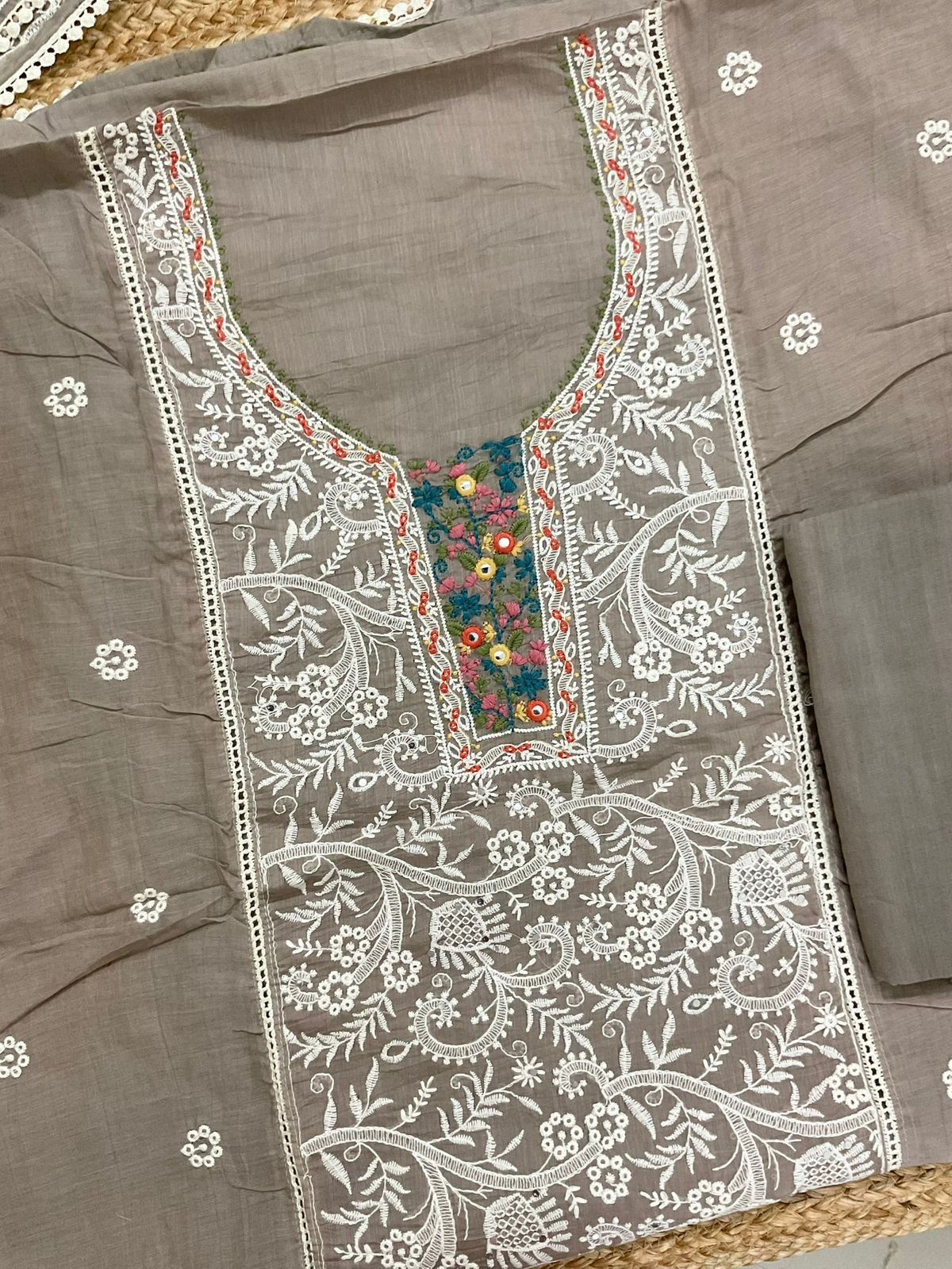 Pure Chanderi Embroidered Suit - Beige