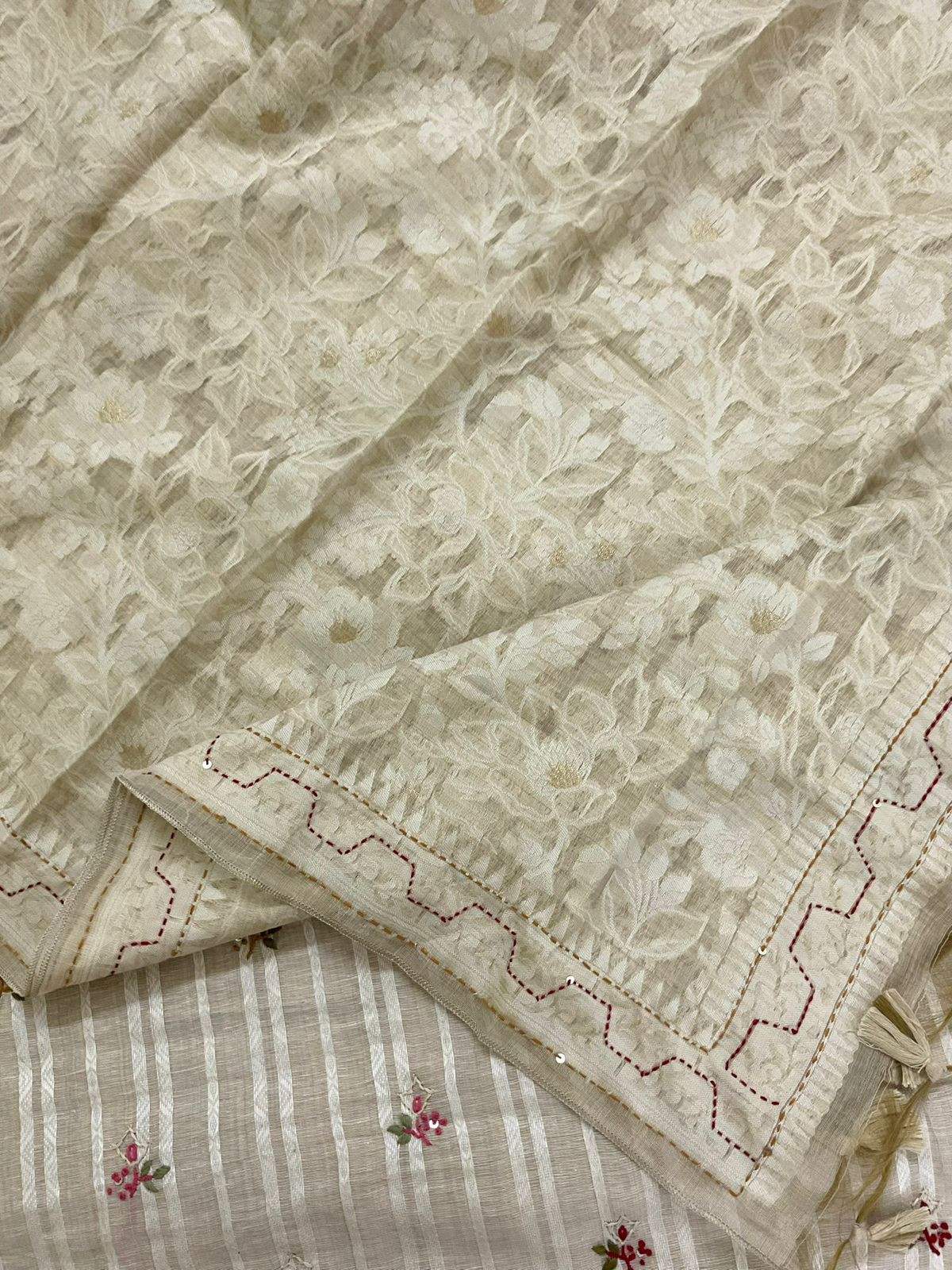 Pure Slub Chanderi Jamdani Weaved Embroidered Suit - Beige