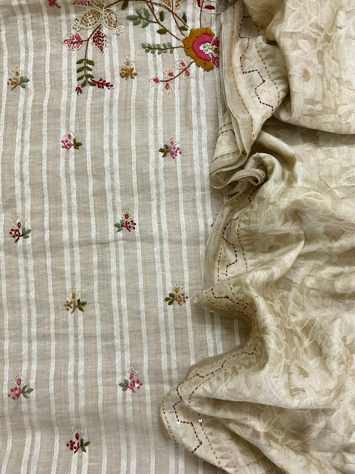 Pure Slub Chanderi Jamdani Weaved Embroidered Suit - Beige