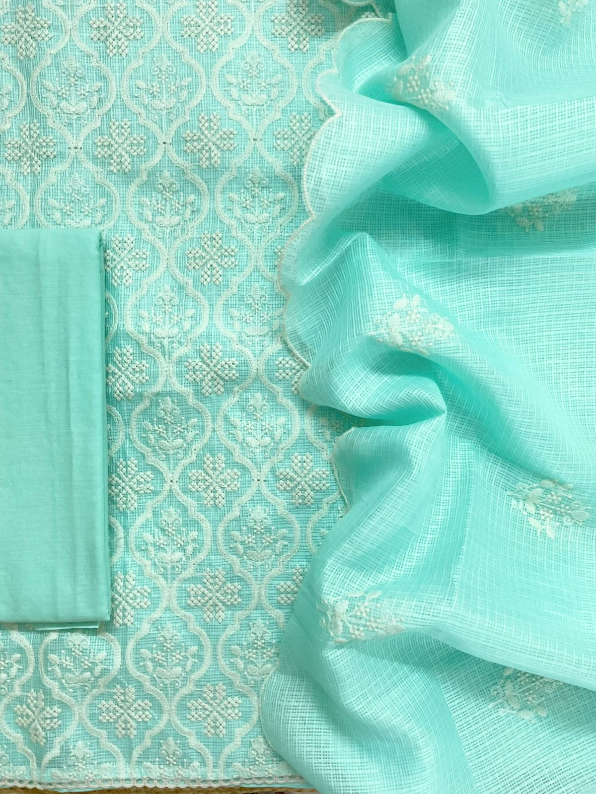 Soft Kota Silk Embroidered Suit - Blue