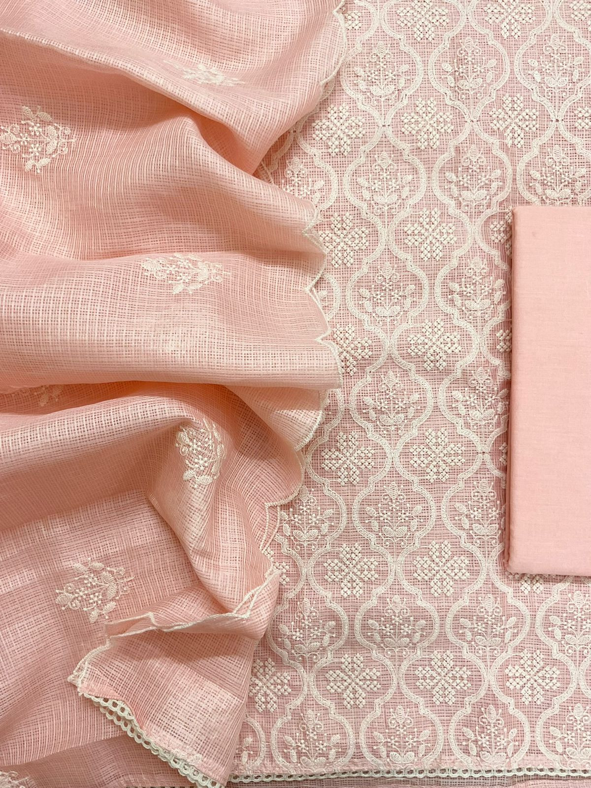Soft Kota Silk Embroidered Suit - Peach