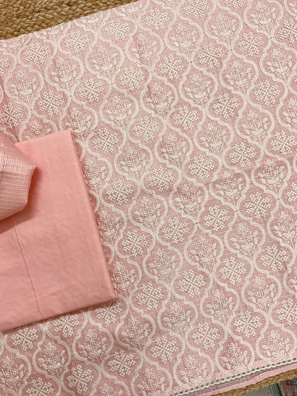 Soft Kota Silk Embroidered Suit - Peach