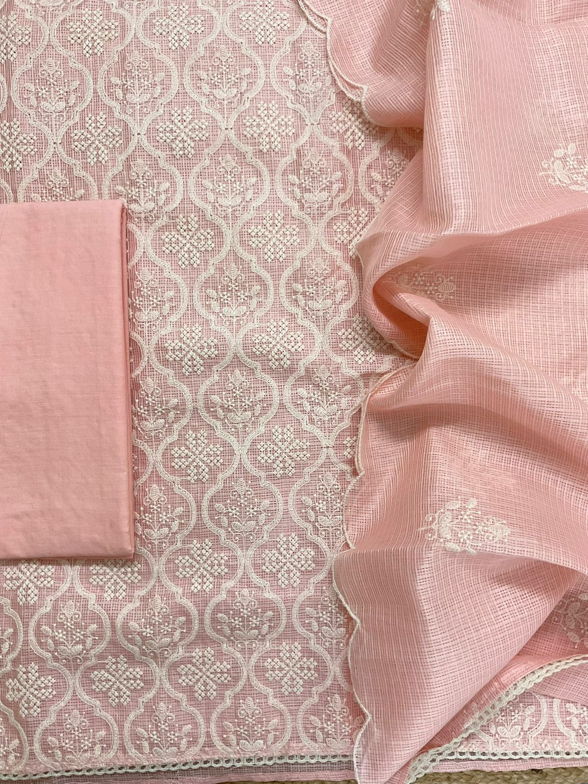 Soft Kota Silk Embroidered Suit - Peach