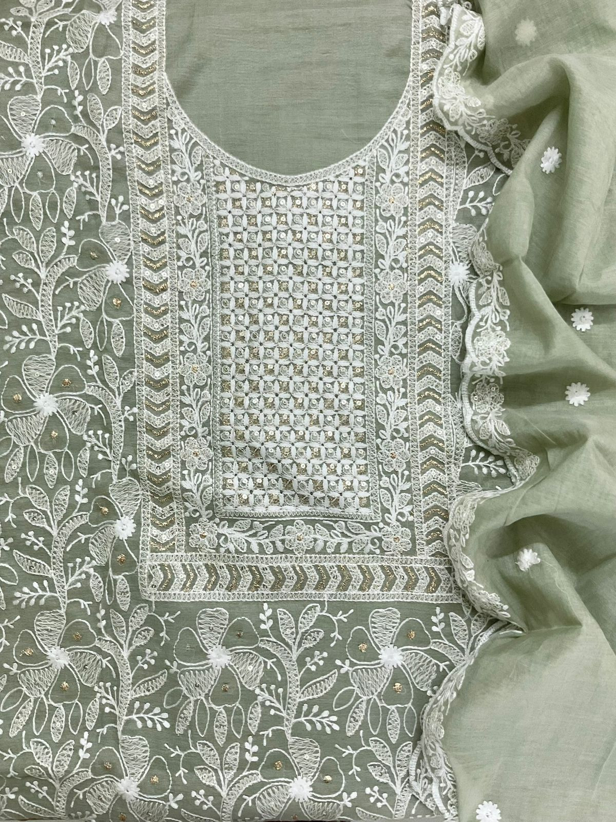 Pure Chanderi Embroidered Suit - Green
