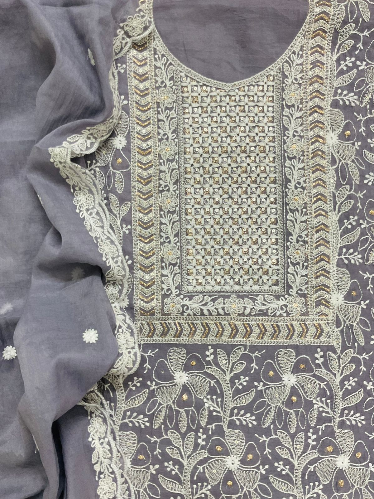 Pure Chanderi Embroidered Suit - Dark Lavender