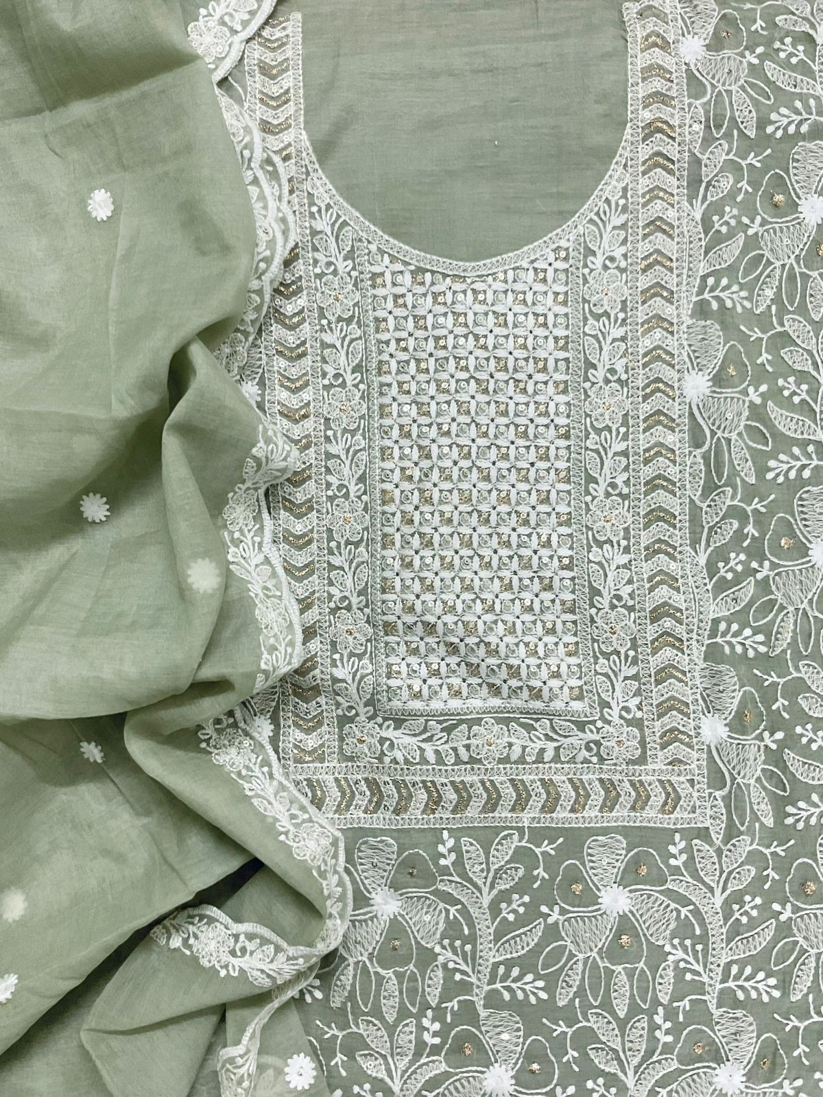 Pure Chanderi Embroidered Suit - Green