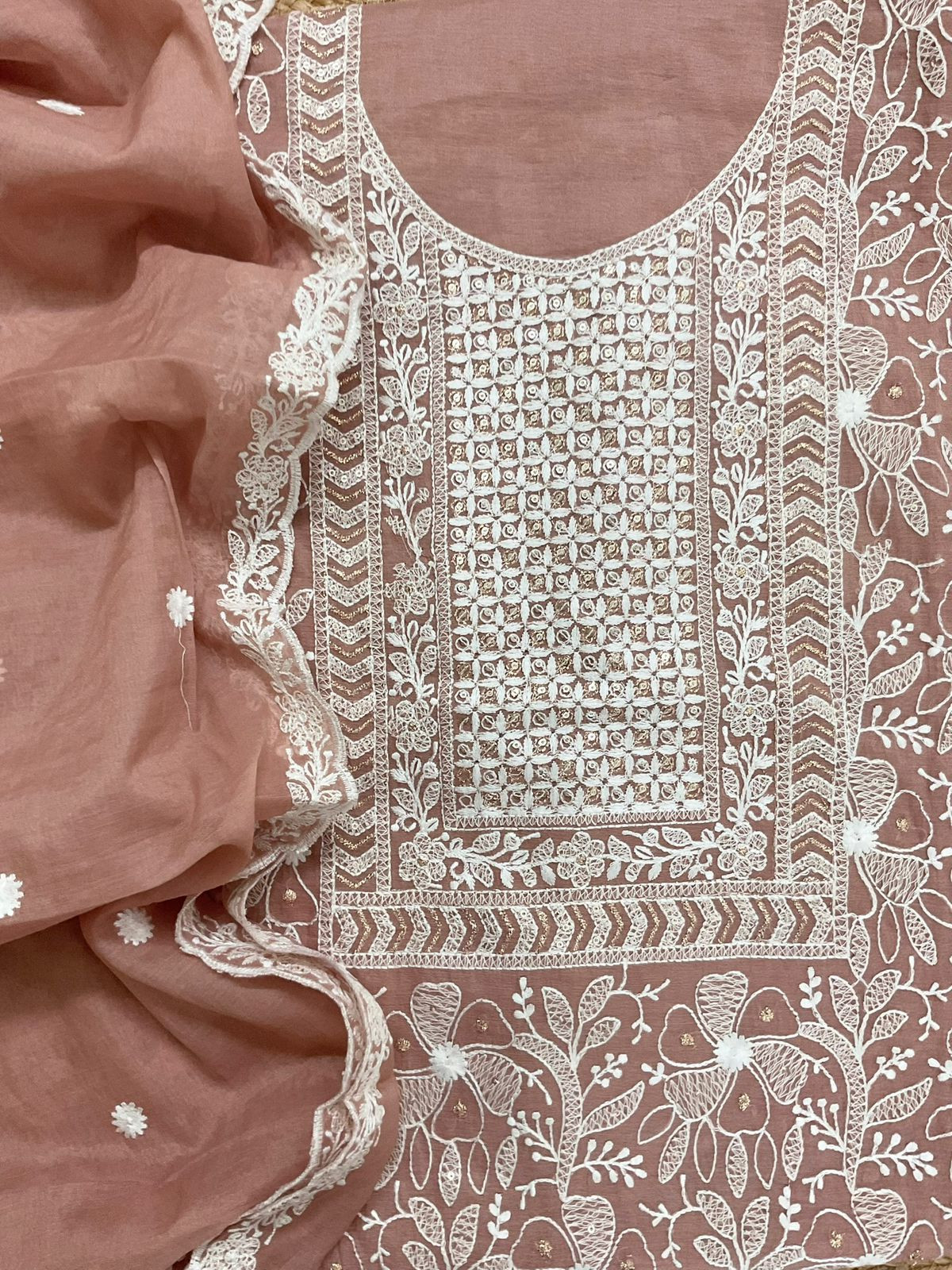 Pure Chanderi Embroidered Suit - Dark Peach