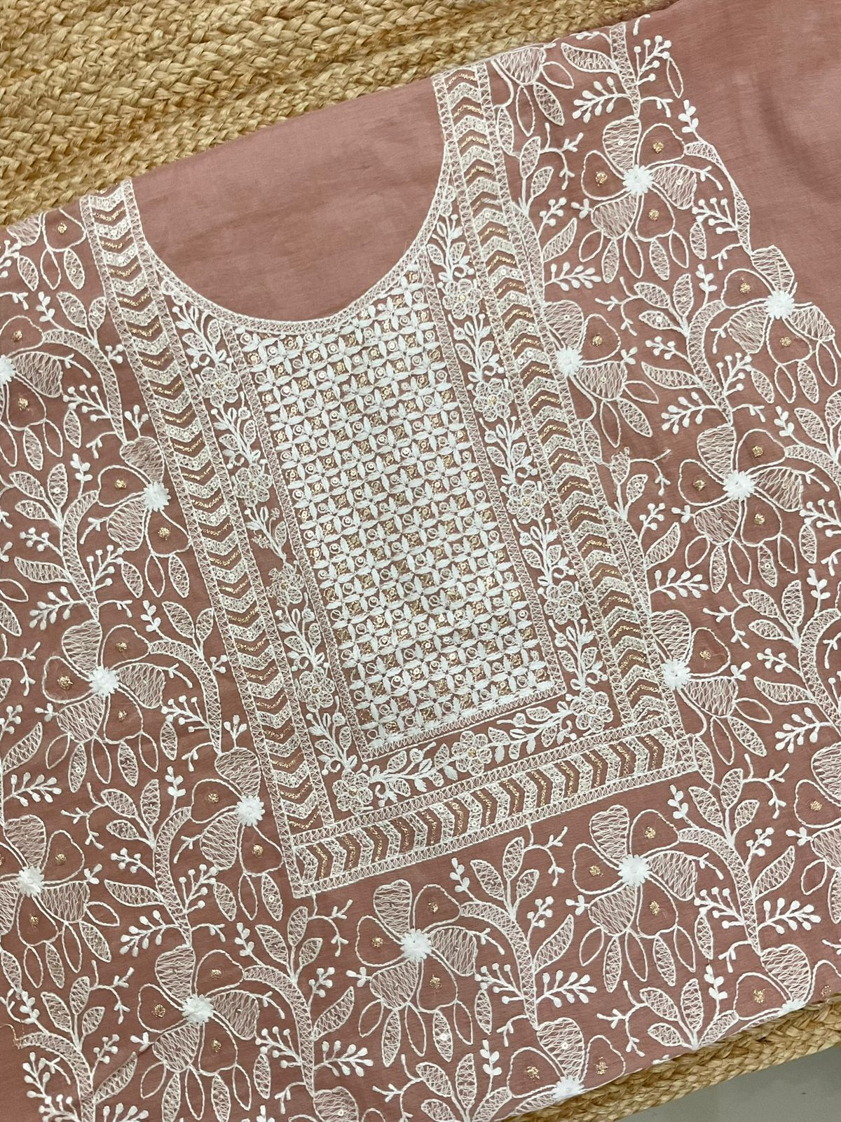 Pure Chanderi Embroidered Suit - Dark Peach