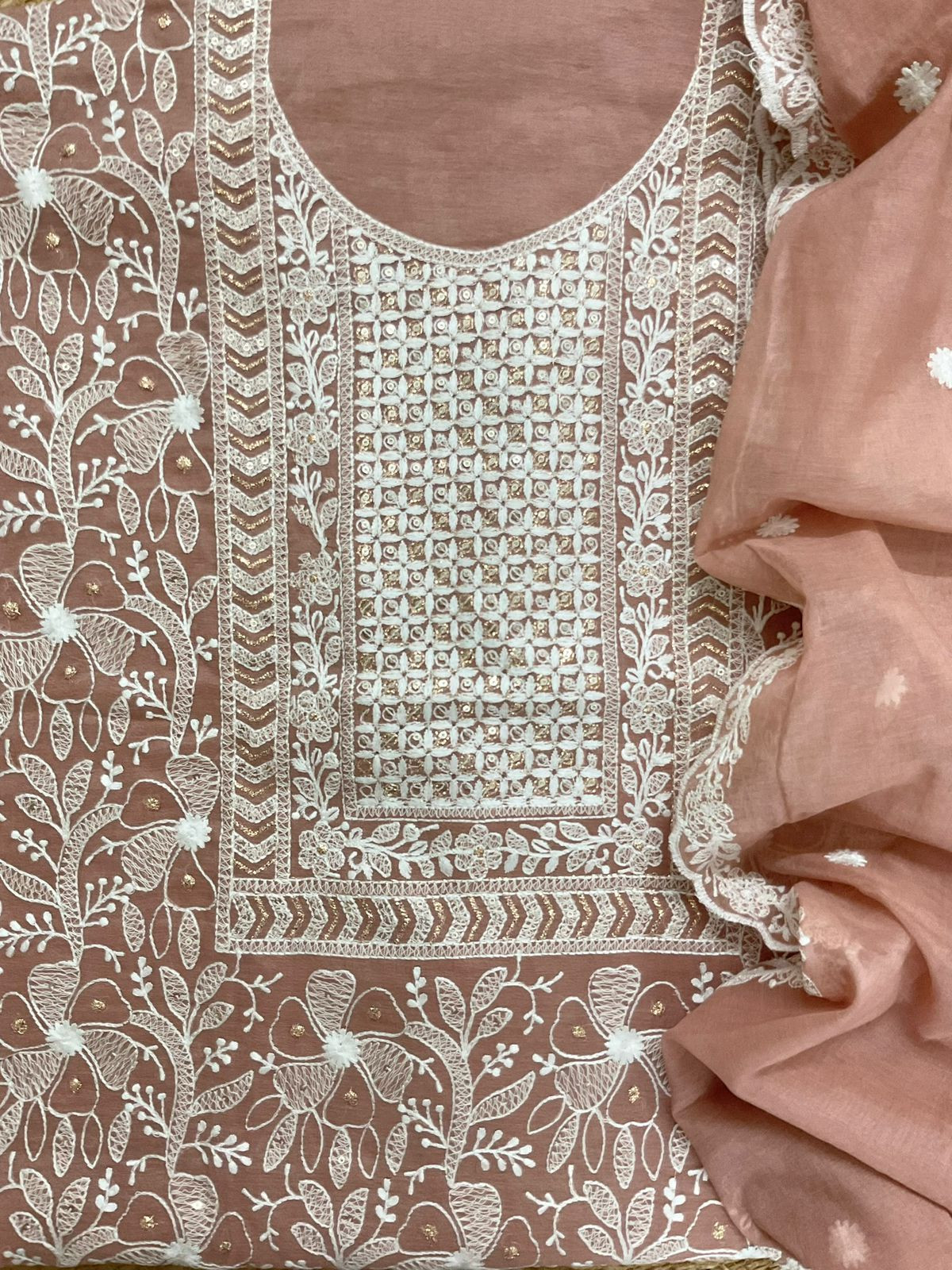 Pure Chanderi Embroidered Suit - Dark Peach