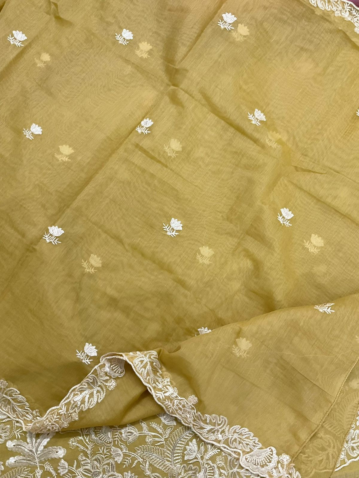 Pure Chanderi Embroidered Suit - Yellow