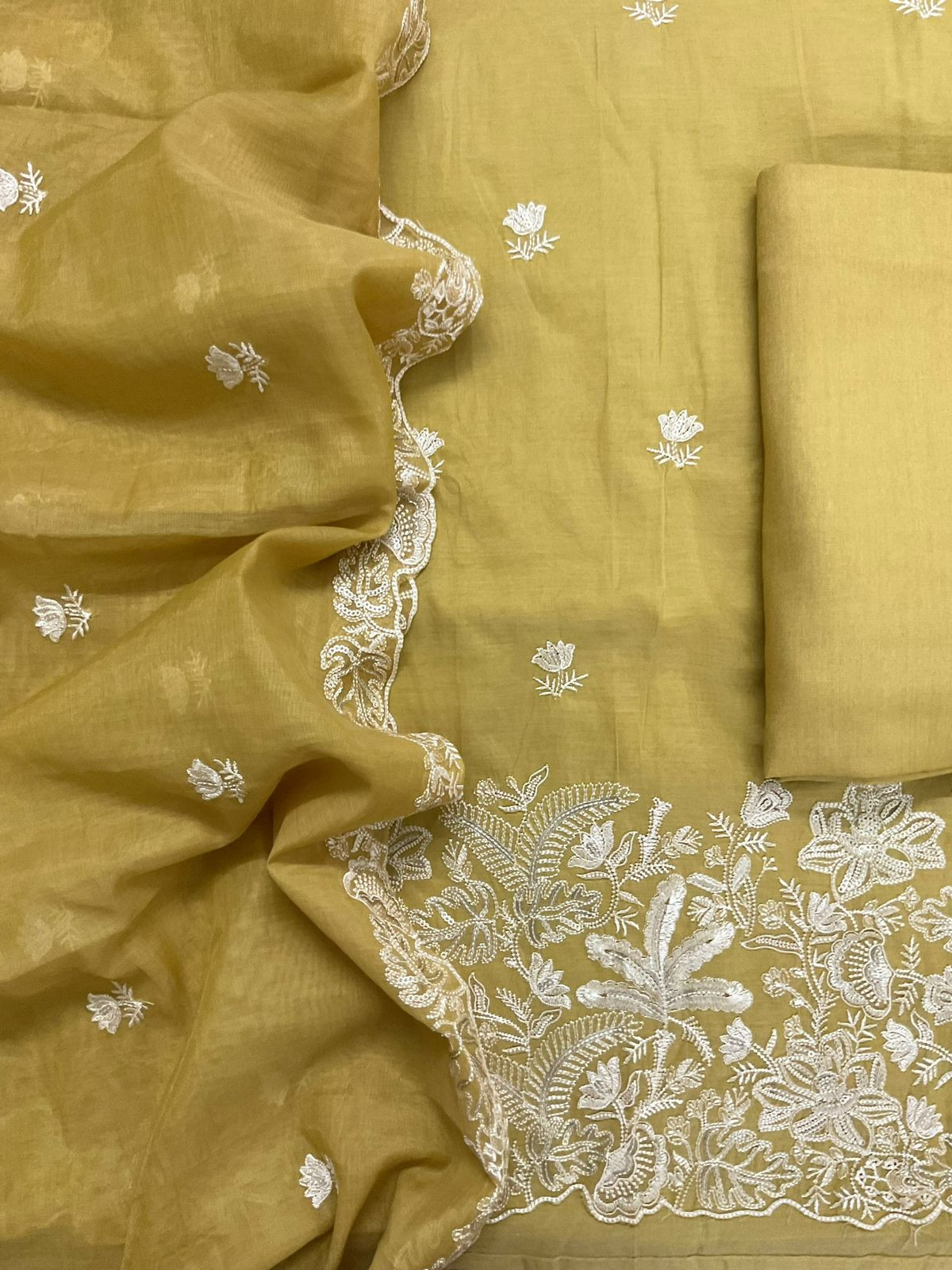 Pure Chanderi Embroidered Suit - Yellow