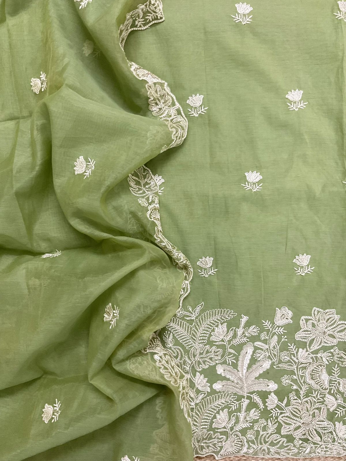Pure Chanderi Embroidered Suit - Green