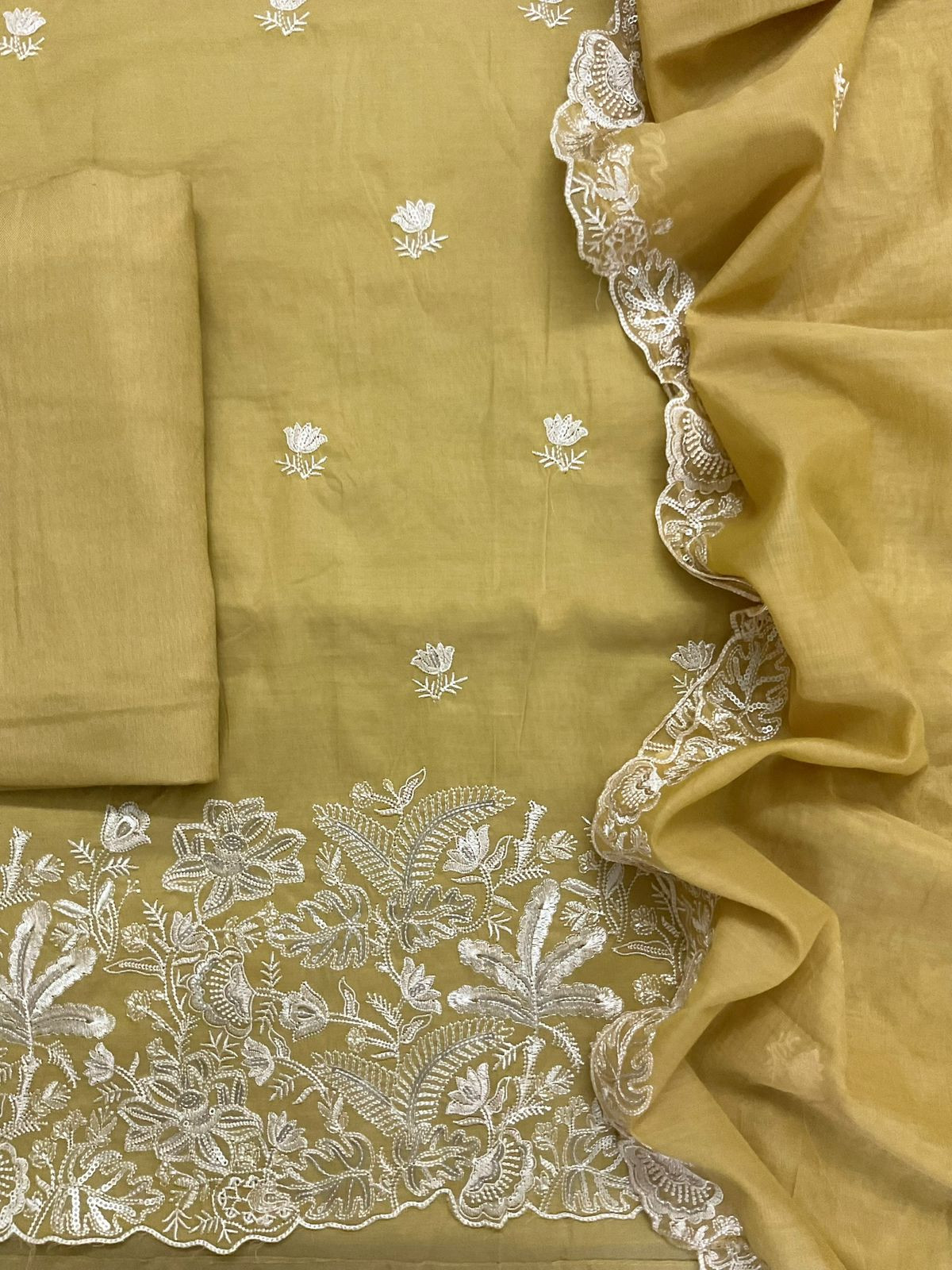 Pure Chanderi Embroidered Suit - Yellow