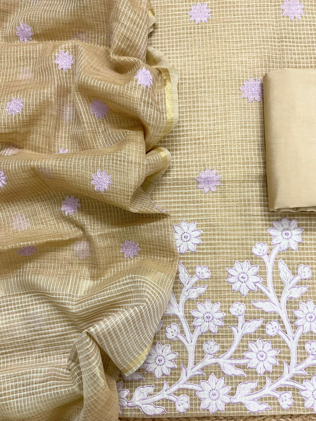 Pure Khadi Chanderi Self Weaved Appliqu Work Suit - Beige