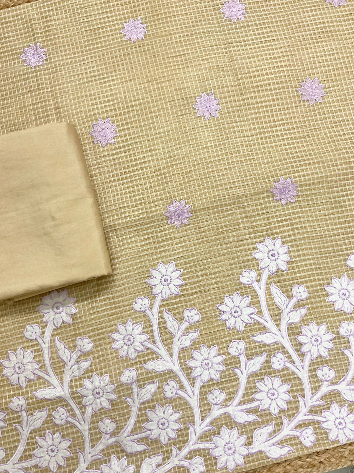 Pure Khadi Chanderi Self Weaved Appliqu Work Suit - Beige