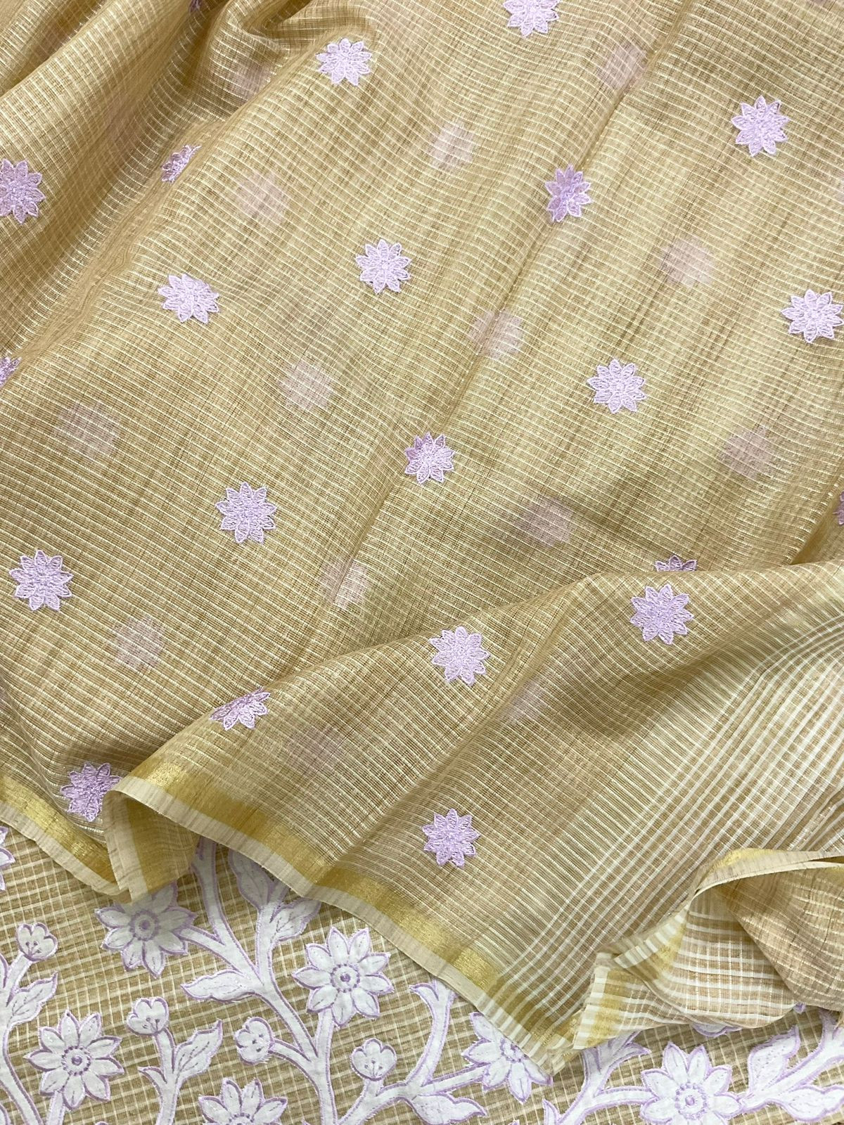 Pure Khadi Chanderi Self Weaved Appliqu Work Suit - Beige