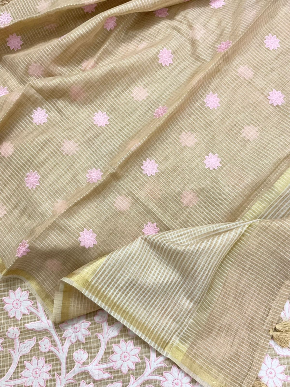 Pure Khadi Chanderi Self Weaved Appliqu Work Suit - Beige