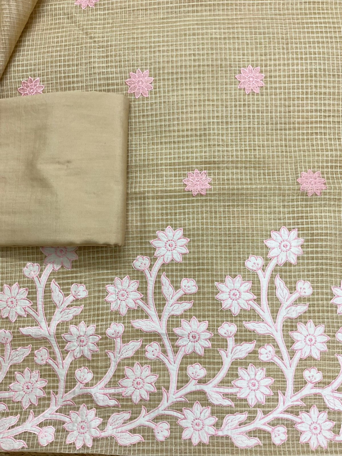 Pure Khadi Chanderi Self Weaved Appliqu Work Suit - Beige