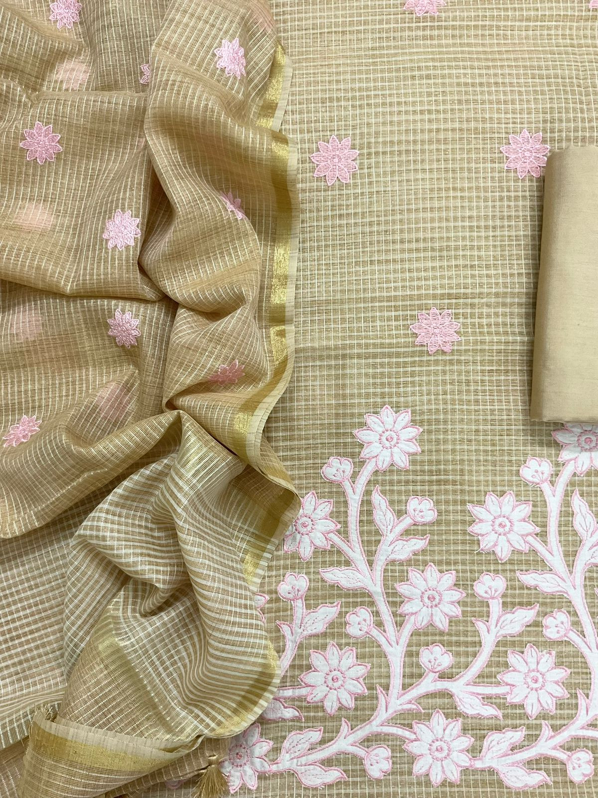 Pure Khadi Chanderi Self Weaved Appliqu Work Suit - Beige