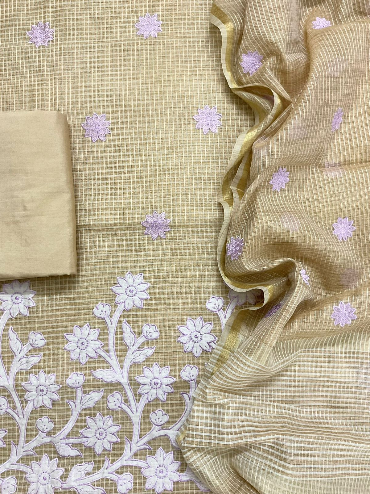 Pure Khadi Chanderi Self Weaved Appliqu Work Suit - Beige