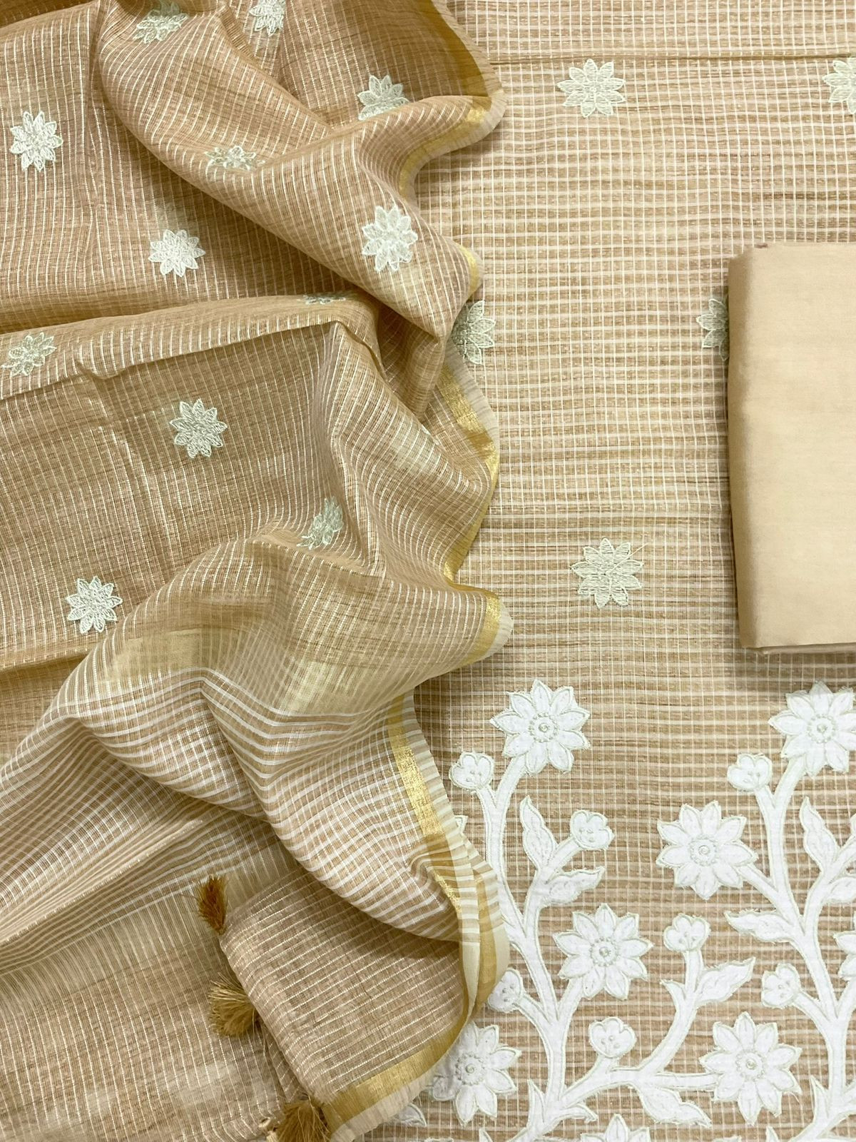 Pure Khadi Chanderi Self Weaved Appliqu Work Suit - Beige