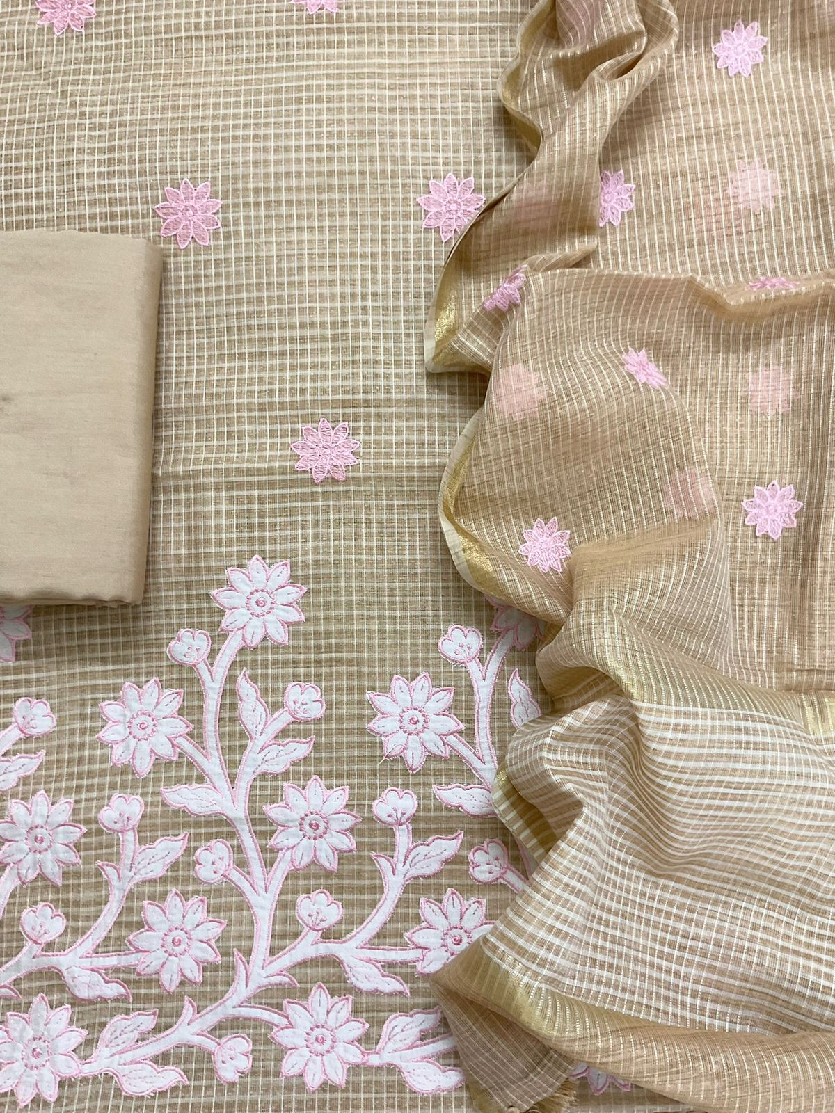 Pure Khadi Chanderi Self Weaved Appliqu Work Suit - Beige