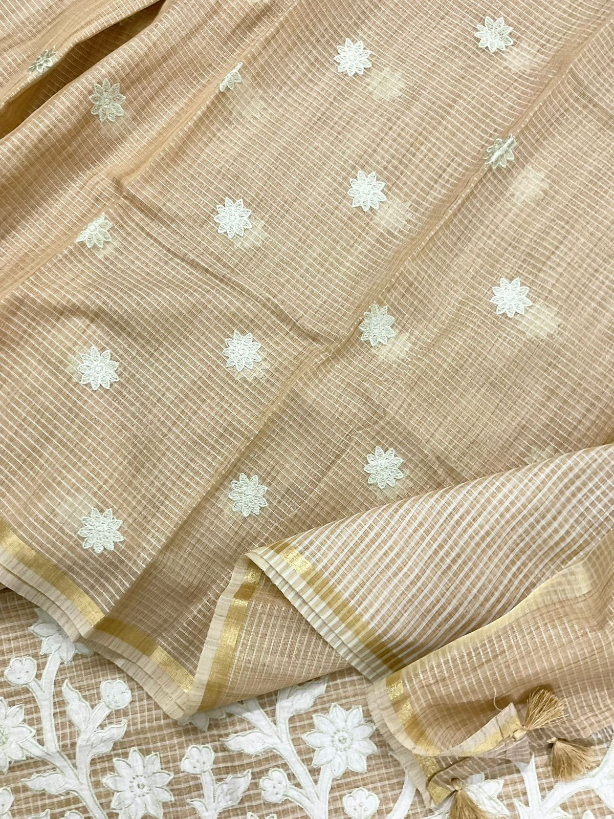 Pure Khadi Chanderi Self Weaved Appliqu Work Suit - Beige
