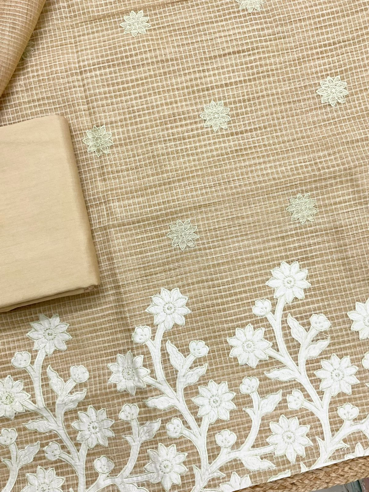 Pure Khadi Chanderi Self Weaved Appliqu Work Suit - Beige