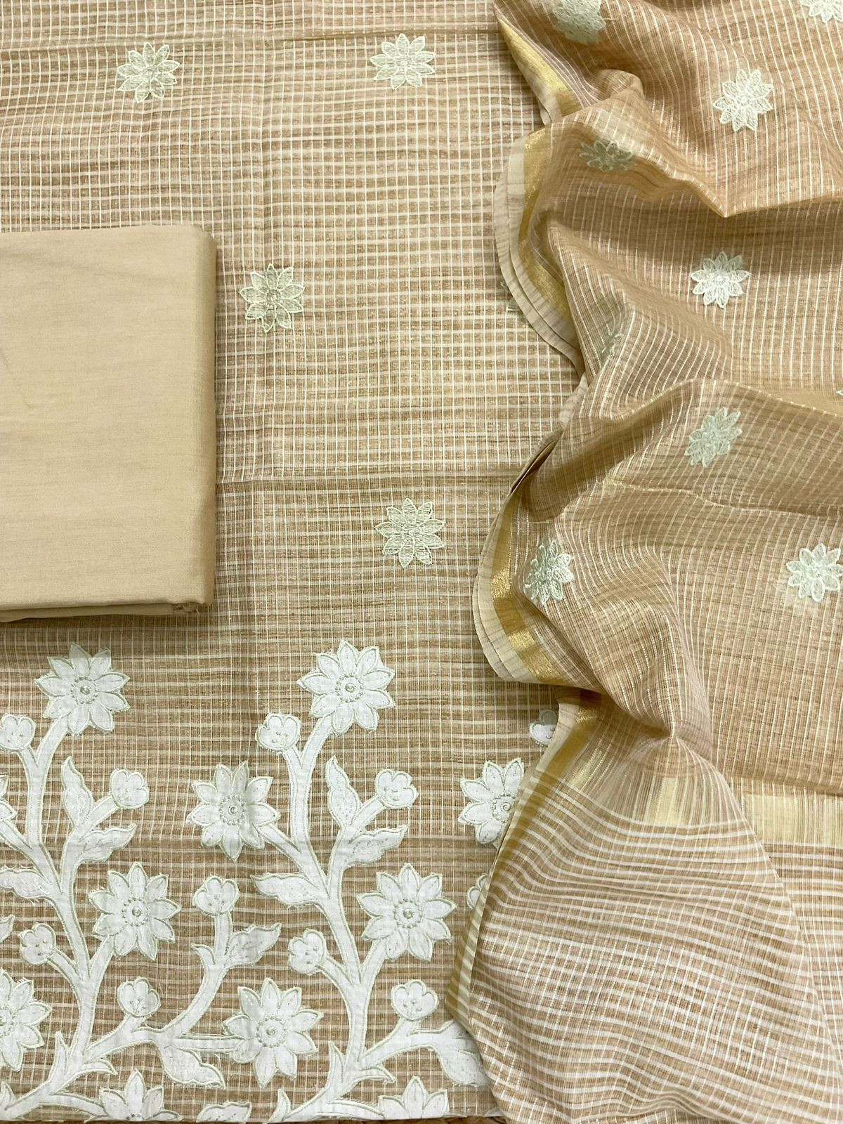 Pure Khadi Chanderi Self Weaved Appliqu Work Suit - Beige