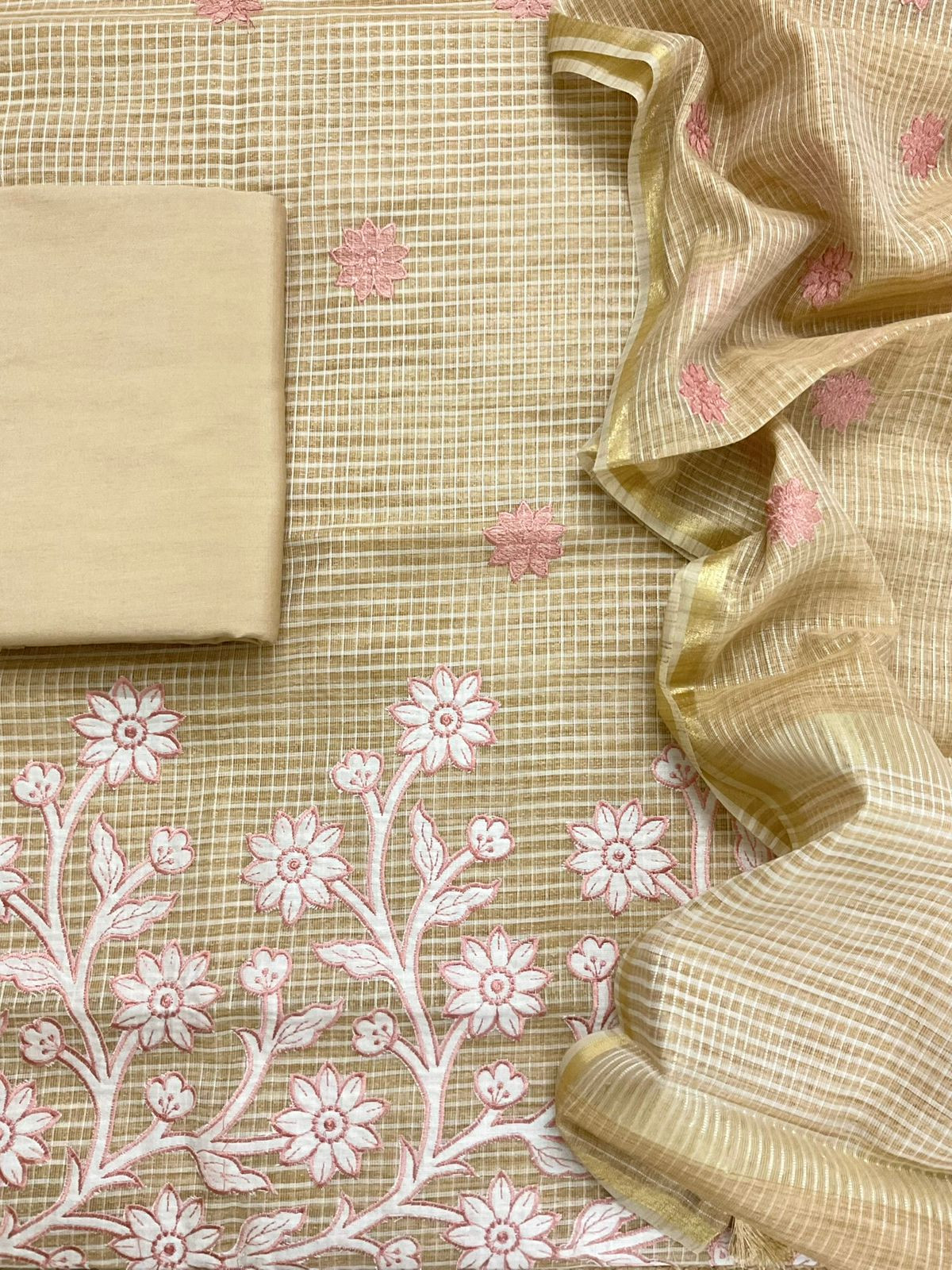 Pure Khadi Chanderi Self Weaved Appliqu Work Suit - Beige