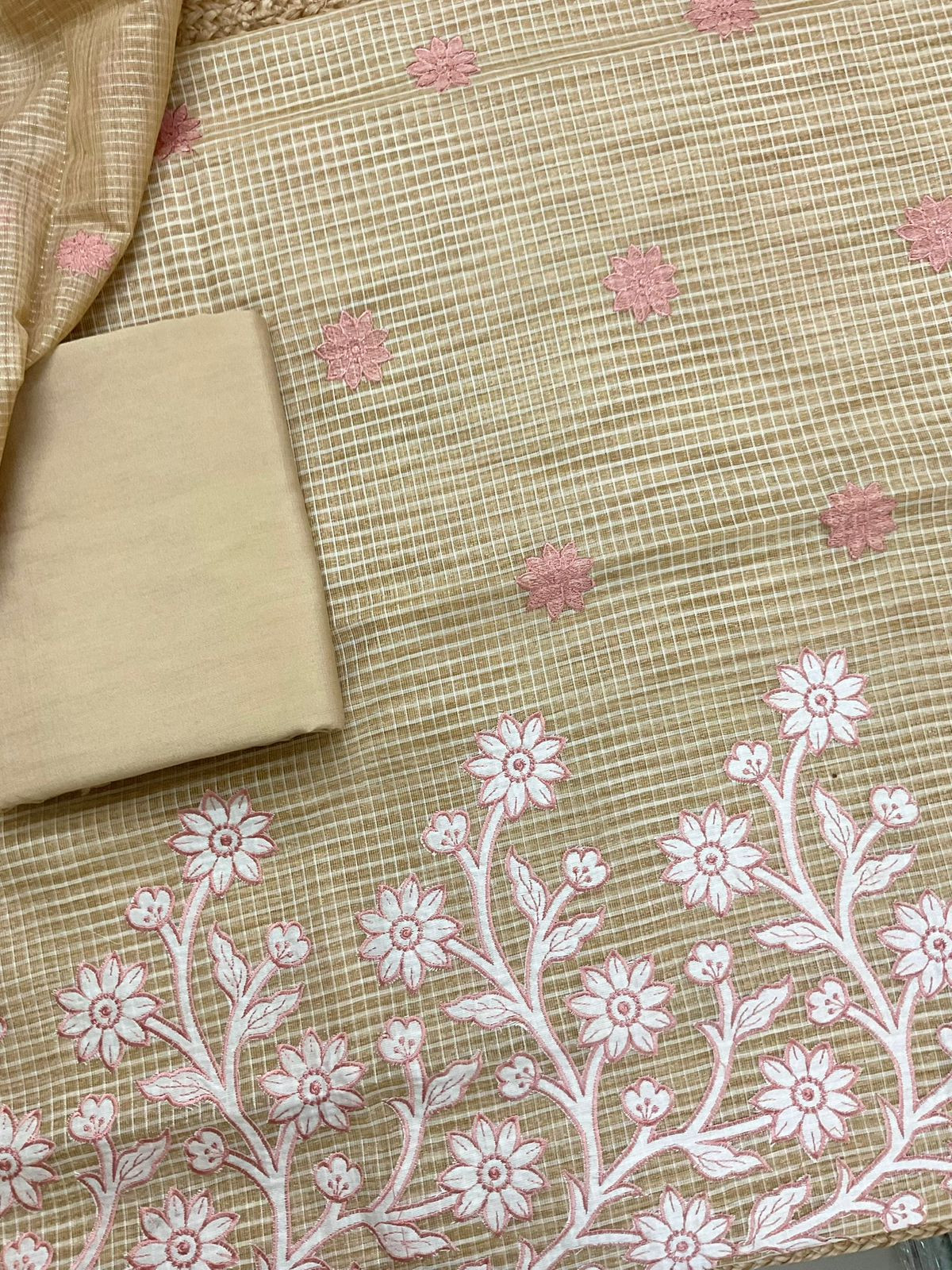 Pure Khadi Chanderi Self Weaved Appliqu Work Suit - Beige
