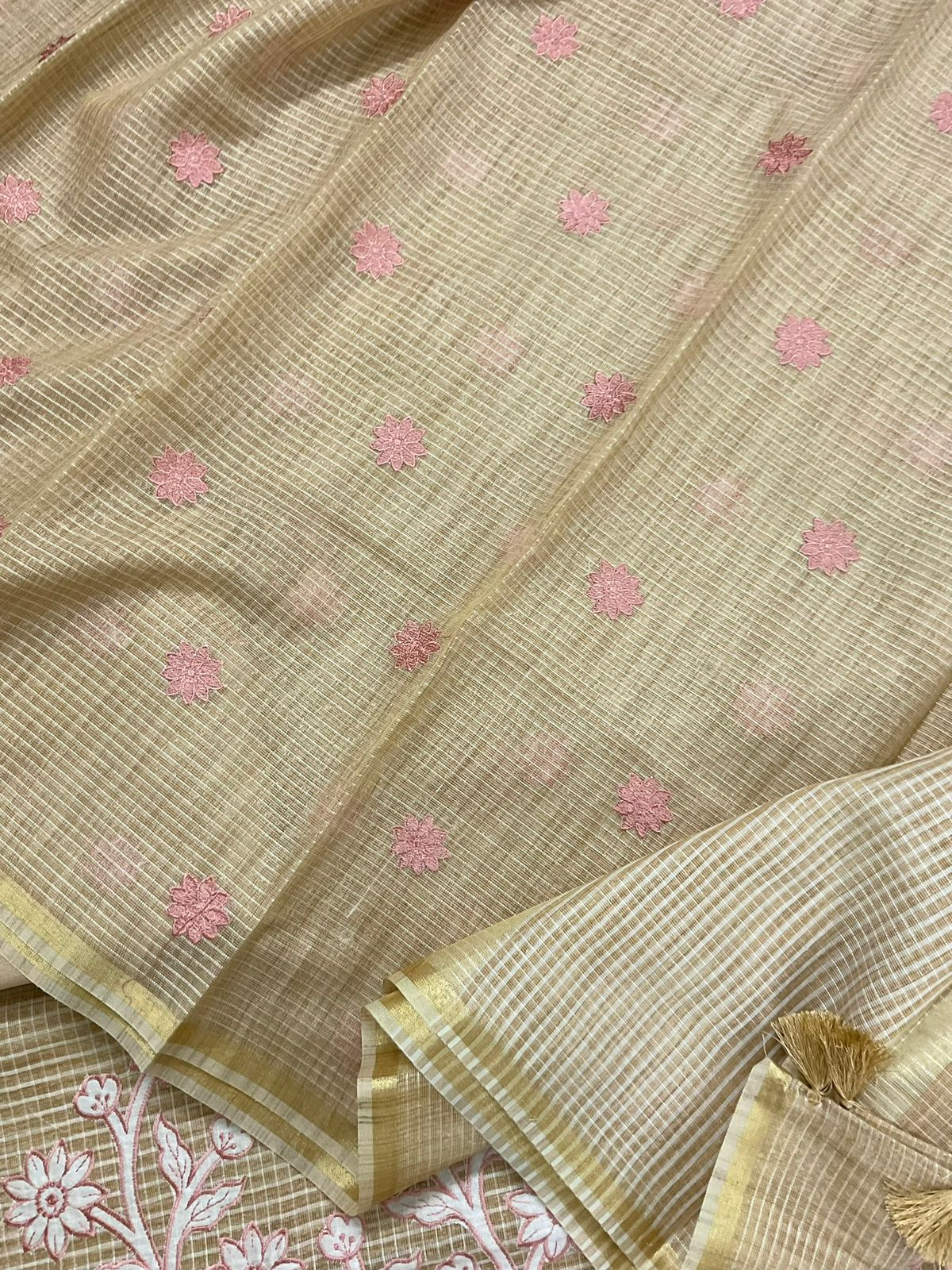Pure Khadi Chanderi Self Weaved Appliqu Work Suit - Beige