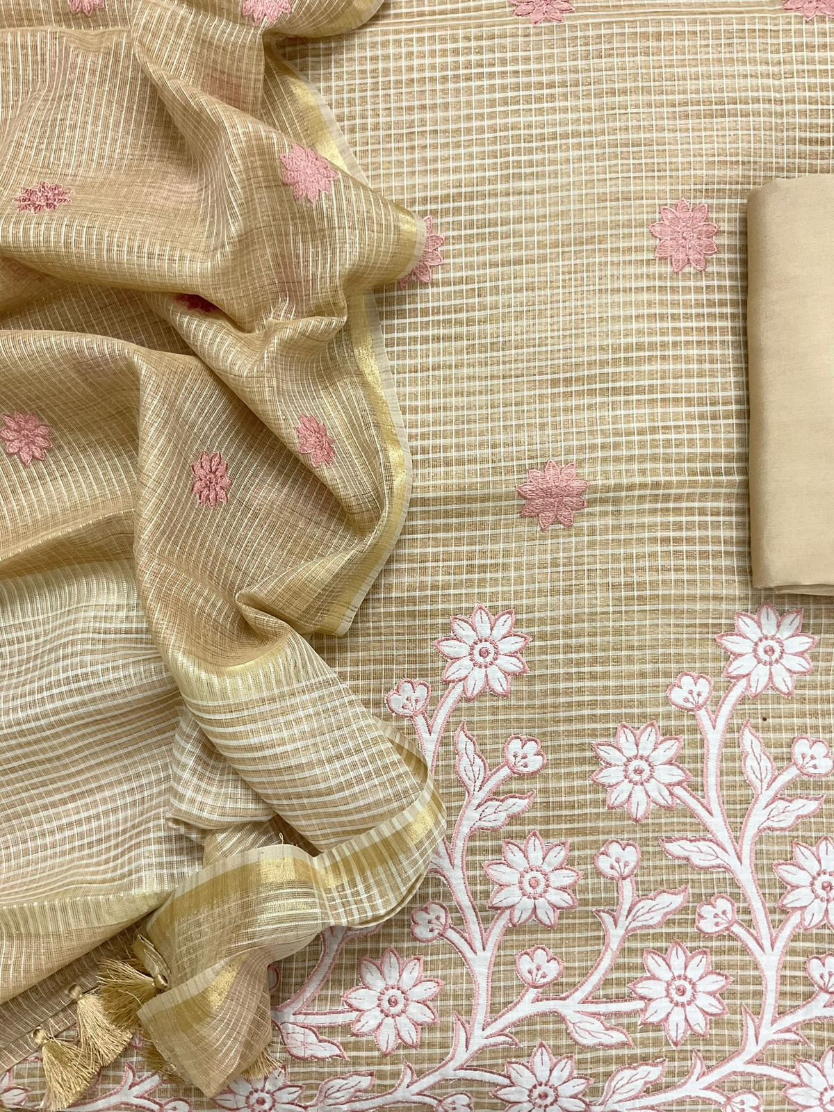Pure Khadi Chanderi Self Weaved Appliqu Work Suit - Beige