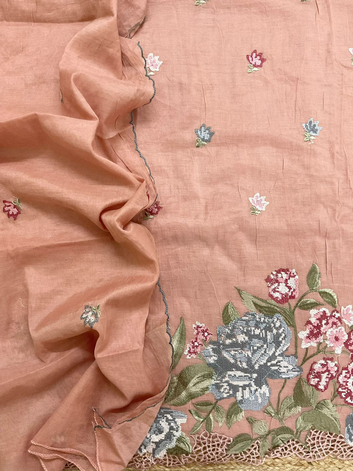 Pure Chanderi Embroidered Suit - Peach