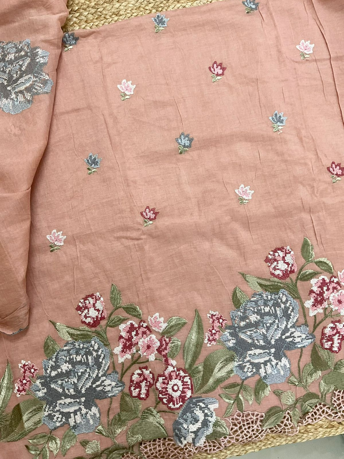 Pure Chanderi Embroidered Suit - Peach