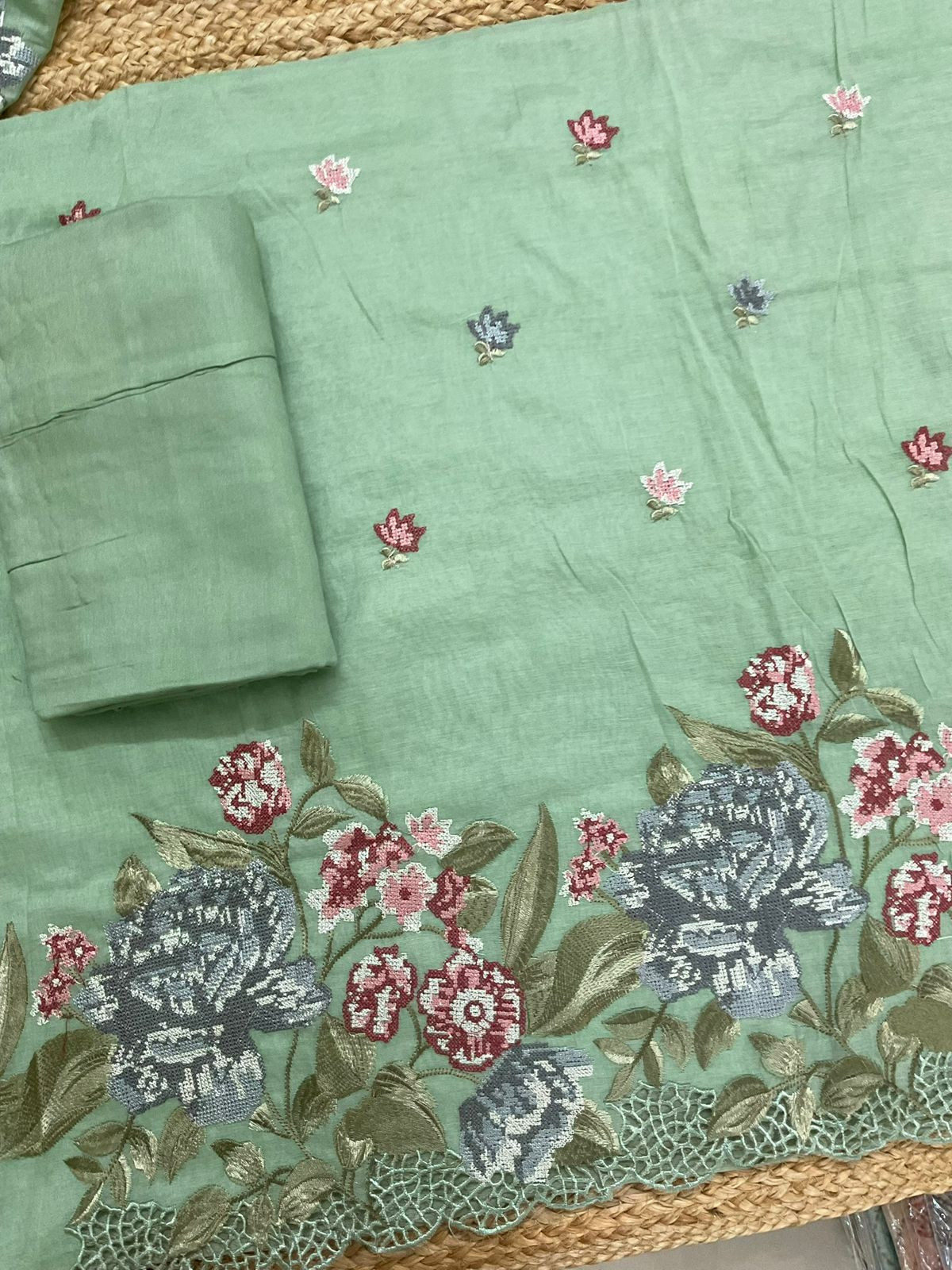 Pure Chanderi Embroidered Suit - Green