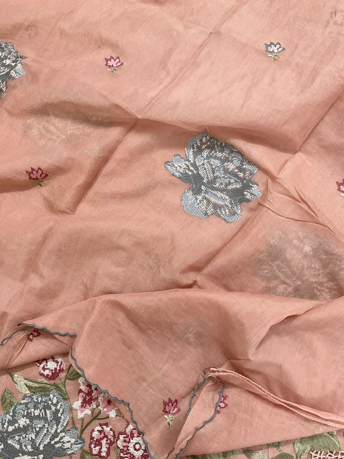 Pure Chanderi Embroidered Suit - Peach