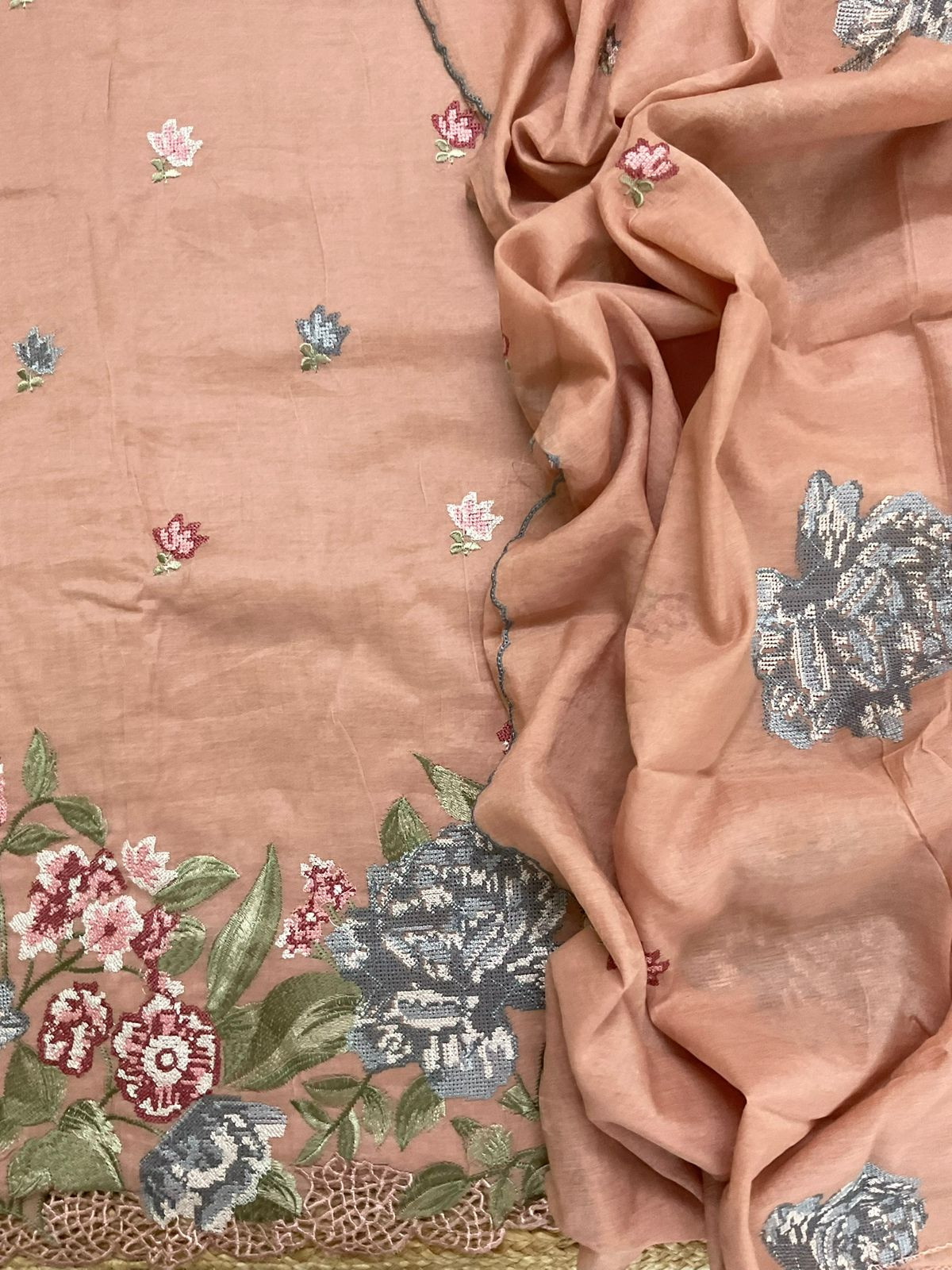 Pure Chanderi Embroidered Suit - Peach