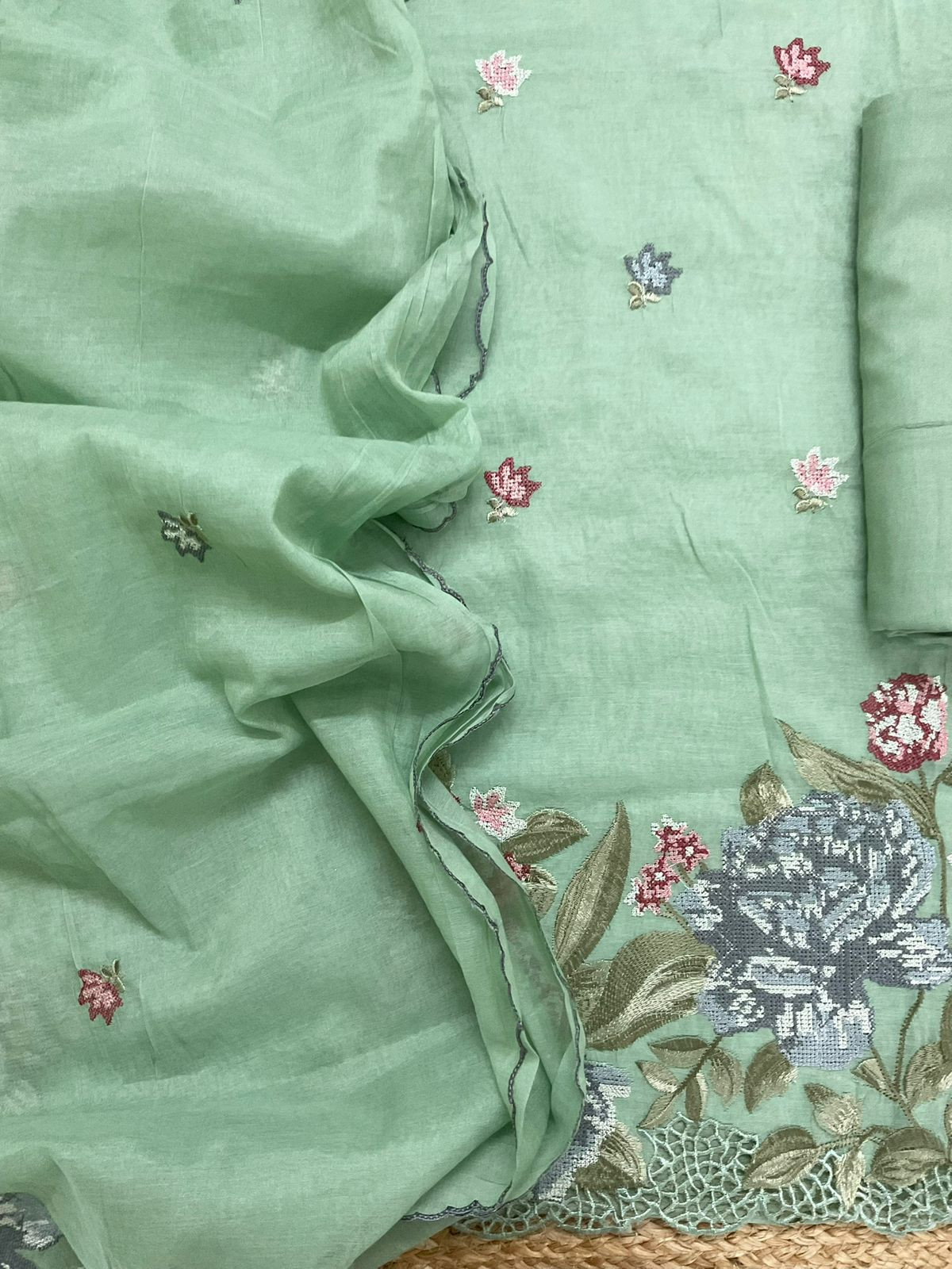 Pure Chanderi Embroidered Suit - Green