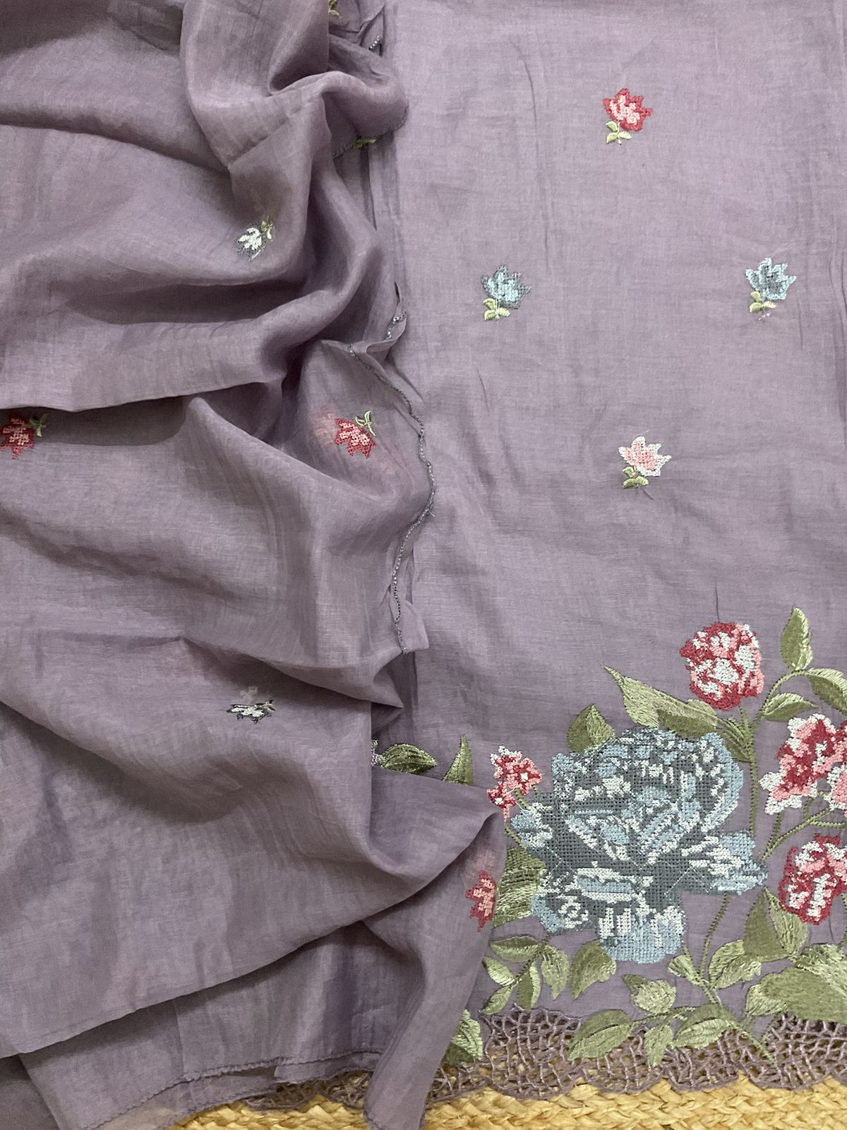 Pure Chanderi Embroidered Suit - Lavender