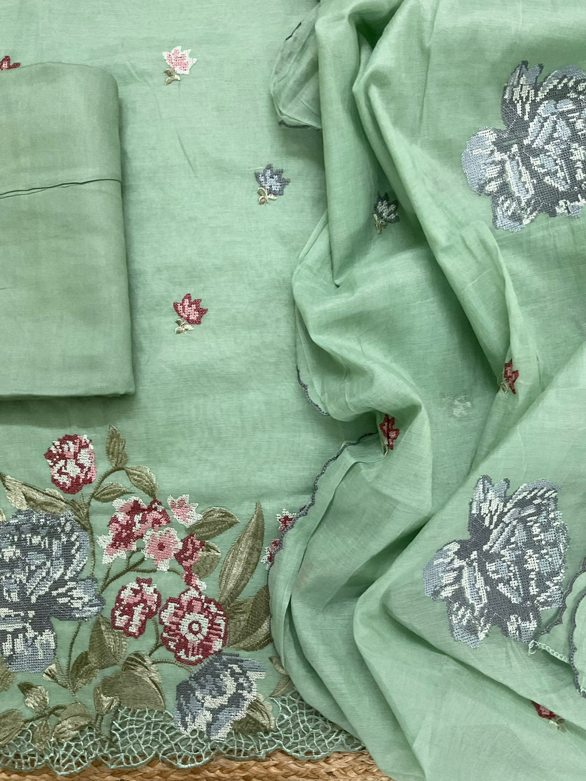 Pure Chanderi Embroidered Suit - Green